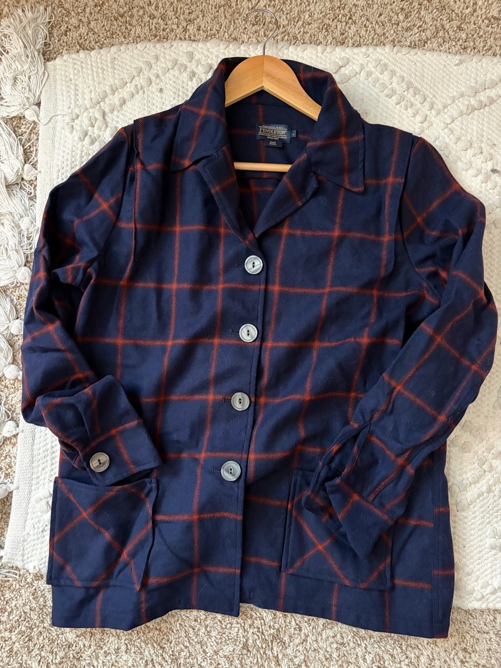 Pendleton Navy with Rust Colored Windowpane Plaid Button-Front Shacket